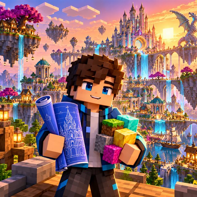 Personnage Minecraft bâtisseur dans une ville créative