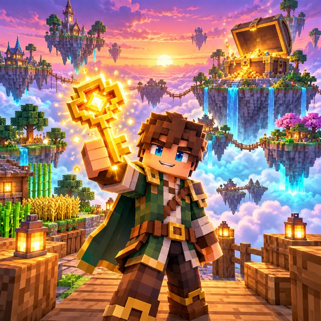 Personnage Minecraft tenant une clé dorée dans Skyblock