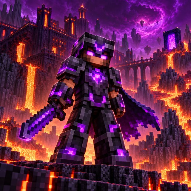 Personnage Minecraft en armure de netherite dans le Nether