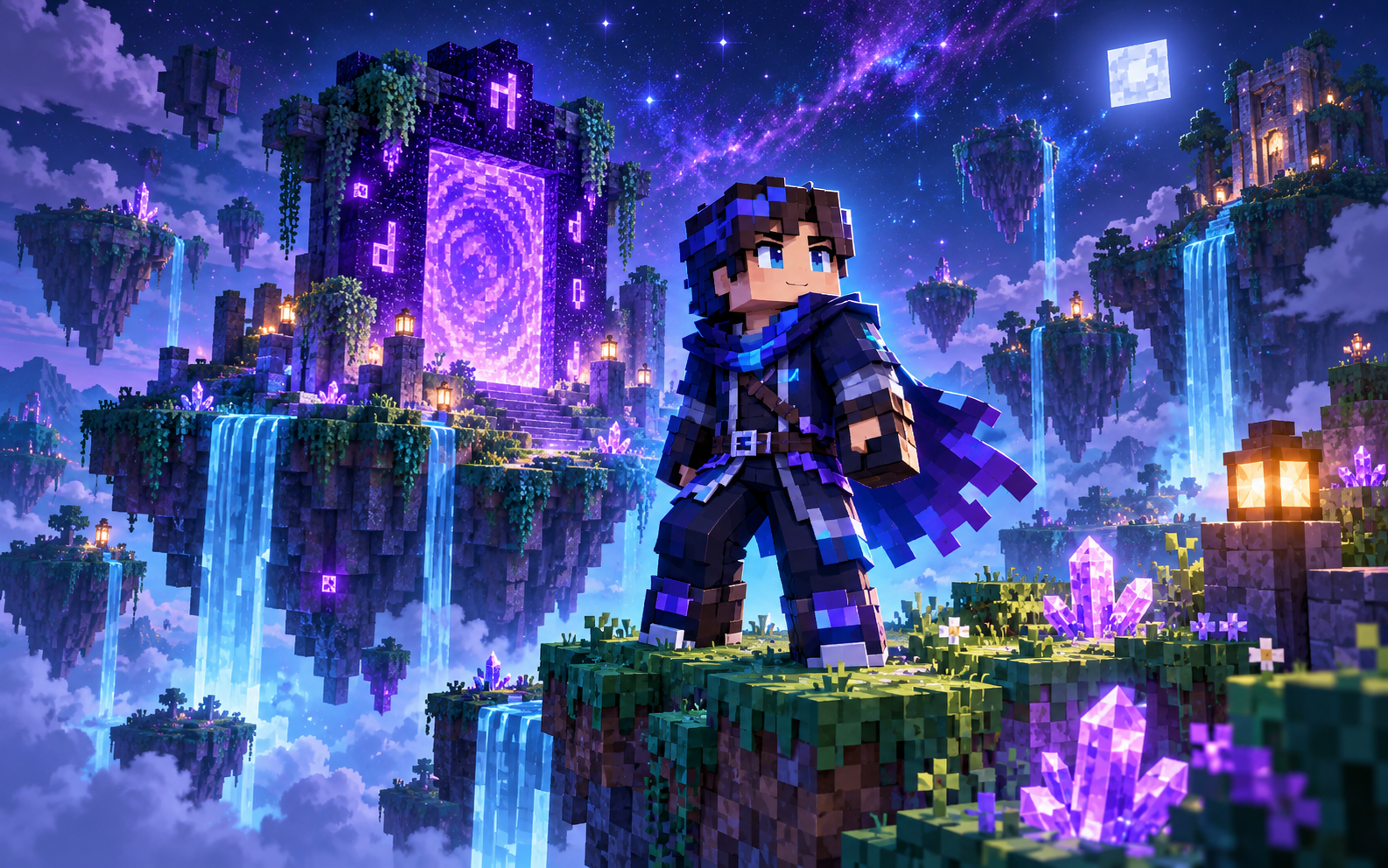 Personnage Minecraft en armure violette devant un portail lumineux sur des îles flottantes
